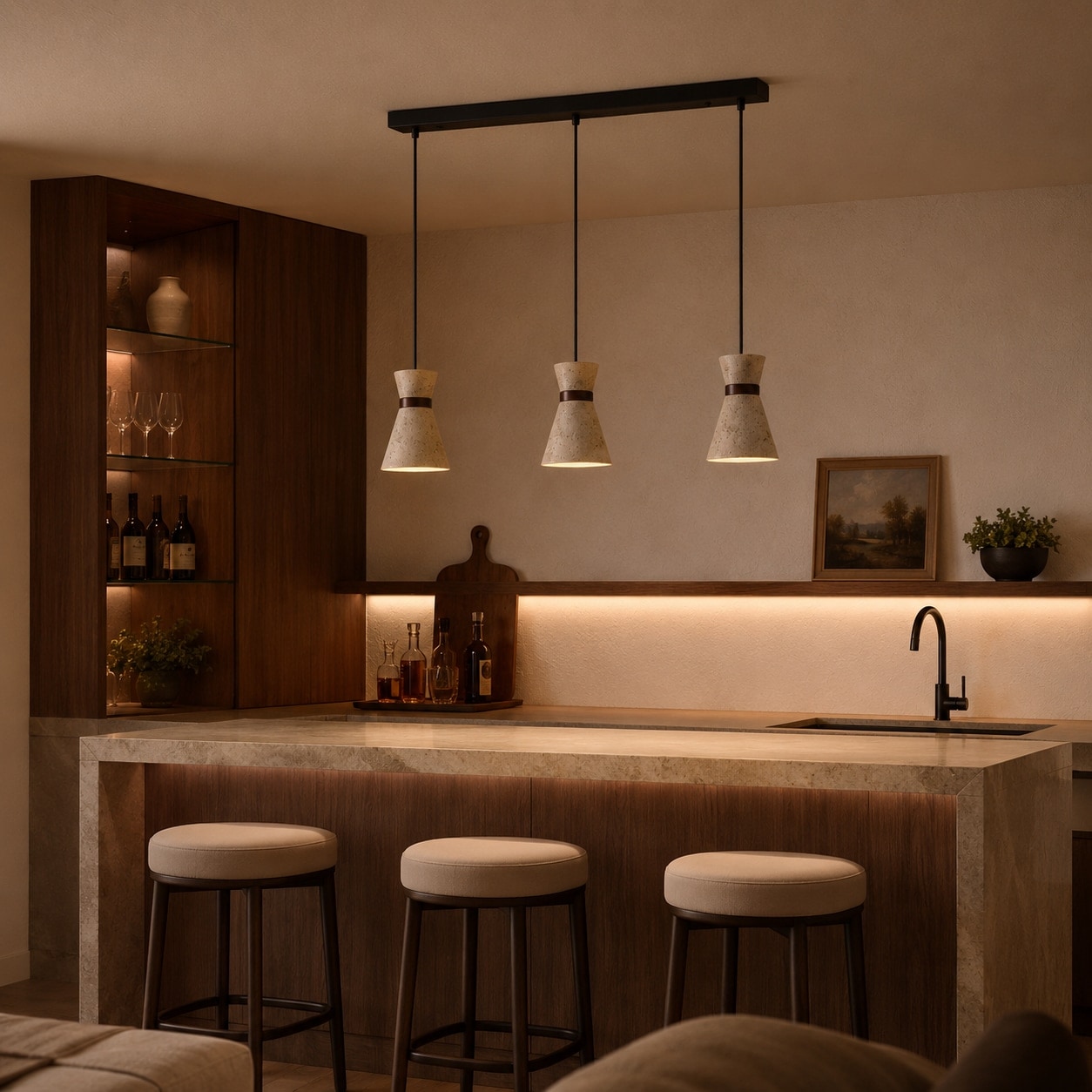 Three head travertine pendant light over a kitchen bar