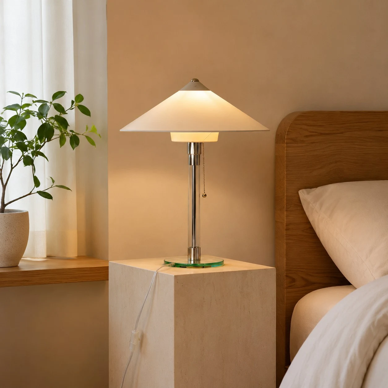 Escena de lámpara de mesilla de noche en el dormitorio con luz cálida