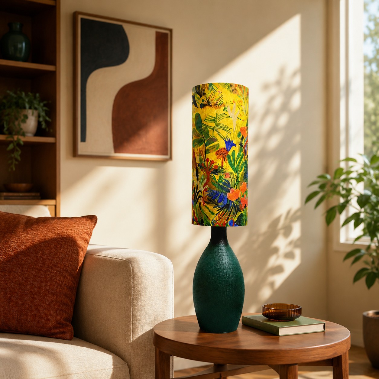 Lámpara de mesa floral de color verde amarillento colocada junto a un sofá.