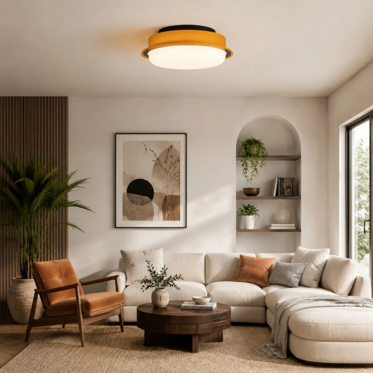 Lámpara de techo de color amarillo ámbar, completamente visible en una cálida sala de estar.