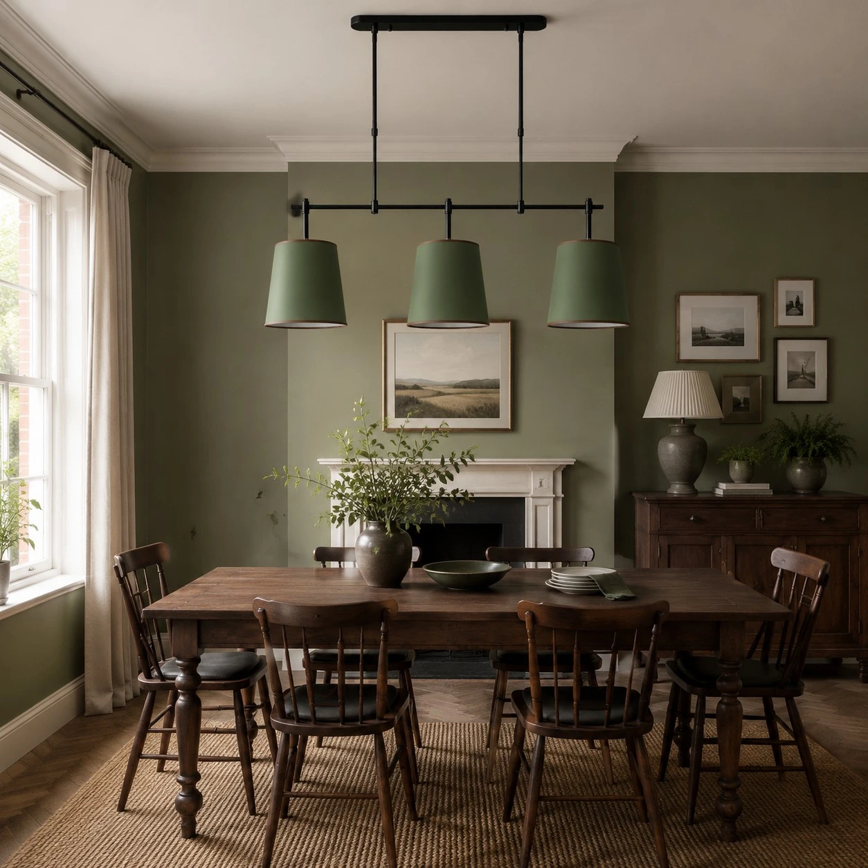 Dumora green shade linear chandelier in a dining room