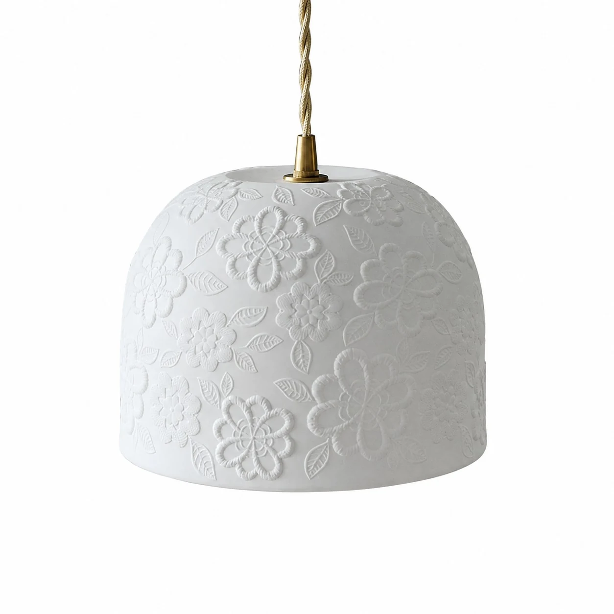Lámpara colgante de latón con diseño floral blanco y cuenco
