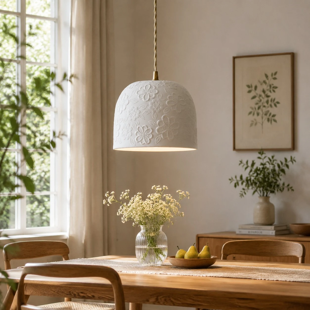 Lámpara colgante de latón y cerámica blanca sobre una mesa de comedor.