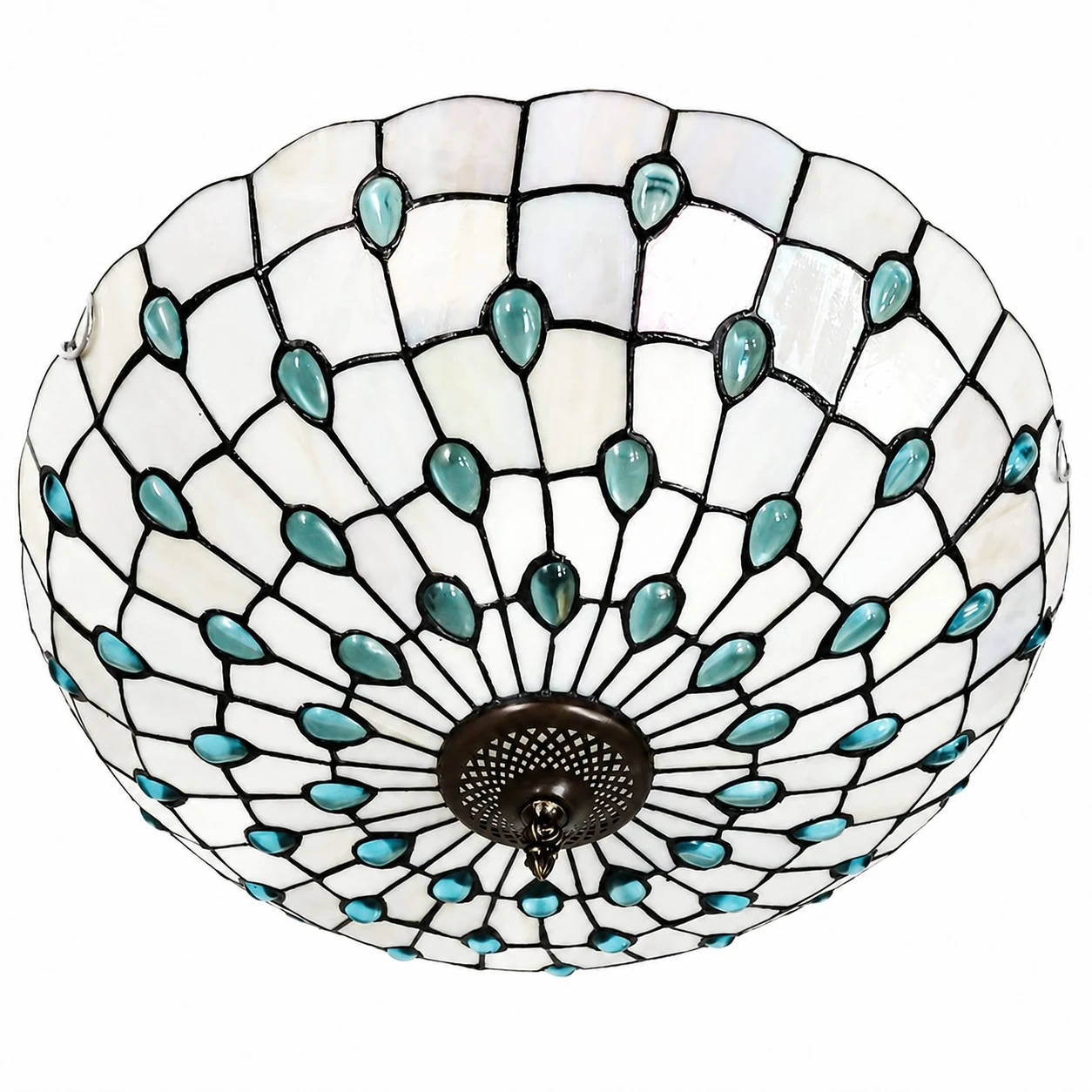 Lámpara de techo empotrable de 50 cm con 3 luces, cuentas azules y diseño de concha plateada.