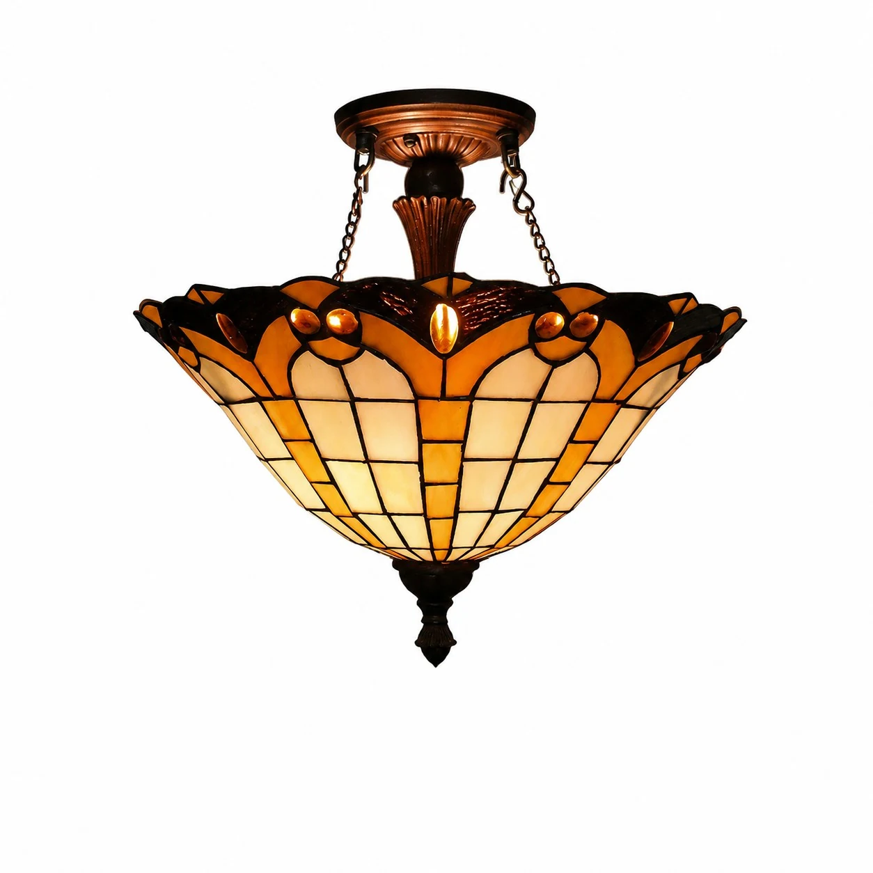 Lámpara de techo empotrable de 40 cm con 2 luces, acabado en cobre rojo antiguo y concha plateada.